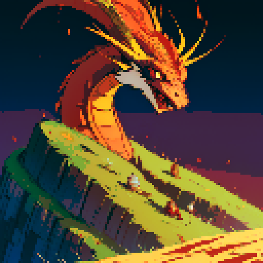 fire dragon with shimmering red scales, hoard of gold coins glimmering in the background, dragon leisurely lounging on top of a massive pile of gold coins, dragon's majestic form taking up the full canvas with intricate pixel art details in a vibrant sRGB color palette