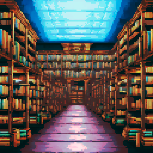 Create a highly detailed 256x256 pixel art background of a large, magical library interior in a fantasy × futuristic fusion style. The scene should feel vibrant, whimsical, and intellectually magical, with a visually rich and colorful composition.

Key setting details:
– The library is expansive with tall shelves that stretch into the background, blending ornate fantasy woodwork with sleek futuristic tech (e.g., arcane-etched metal, glowing glyphs).
– Bookshelves are filled with glowing books, s