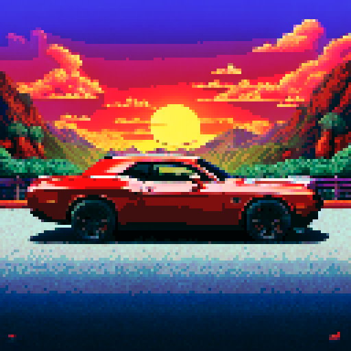 Photorealistic, centered Dodge Challenger in a three quarter view, right wheel in front, clean background, pixel art style with sRGB colors
