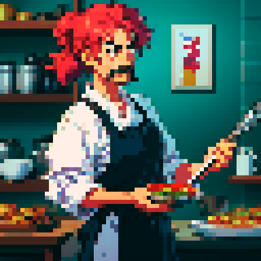 cooking chef with moustache, frying pan in hand, pixel art, vibrant sRGB colors
