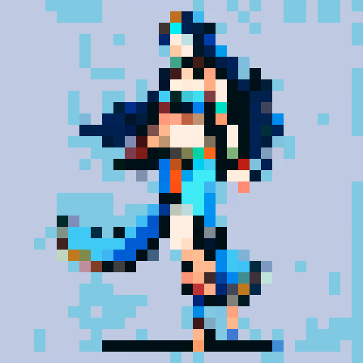 Beautiful cartoon wearing a blue belly dancer outfit and she has long black hair 