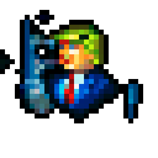 pixel art style, game icon, 32x32 pixel art, sRGB, skill art, close up, portrait, Donald Trump wearing a vote t-shirt, 2024 hat, holding an American flag