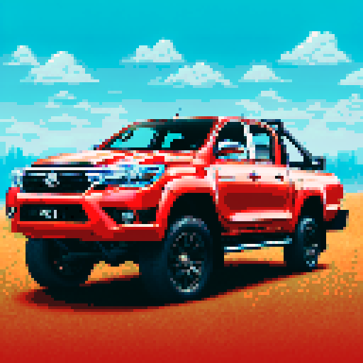 Photorealistic whole Toyota Hilux, centered, three-quarter view, right front wheel, clean background, realistic colors, pixel art style
