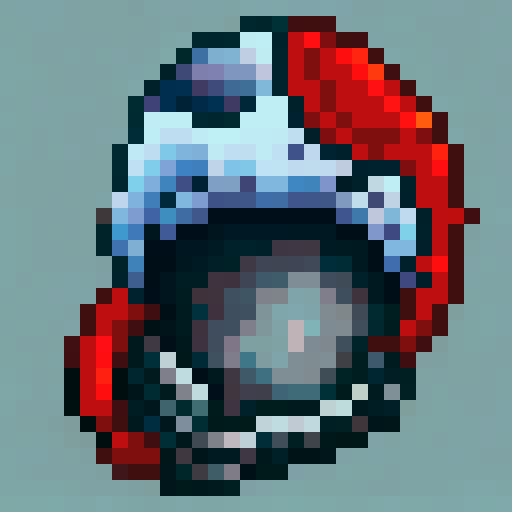 Horned, fiery demon hunter helmet with intricate engravings, glowing red eyes, and smoke billowing from the nostril-like vents, rendered in 32x32 pixel art for use as a game asset