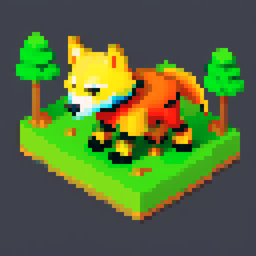 corrupted plastic waste wolf, rabid, forest biome, isometric view, cartoony, larger head, pixel art