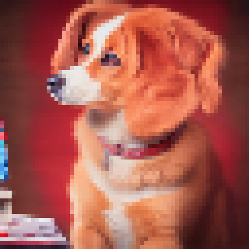 Eager, curious dog, staring intently at a red, diamond playing card on a rustic, wooden table in a watercolor style.