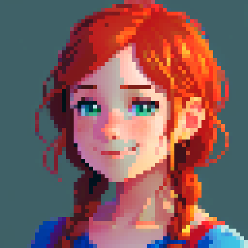 stardew valley-inspired, woman, pixel art, sRGB, vibrant colors, rustic backdrop, braided hair, glowing skin, gentle smile, freckles, rosy cheeks