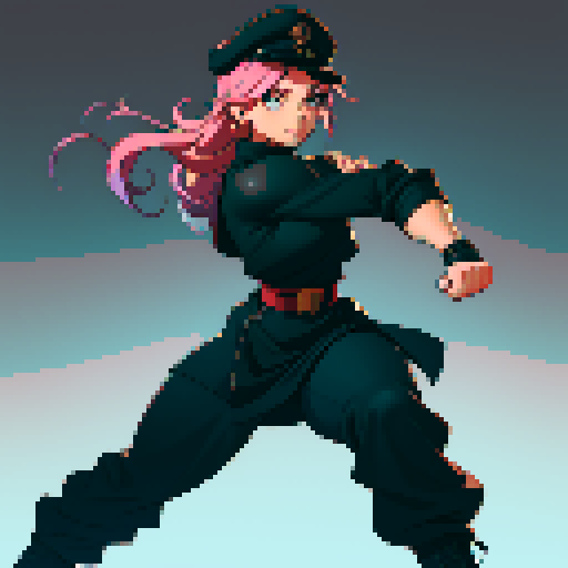 full-body image, muscle girl, female, thick biceps, big shoulders, big fists, muscular physique, thick waist, facing left, ready to fight, exaggerated proportions, black military uniform, black hat, military backdrop, sRGB, pixel art, no background, no backdrop, facing left, fists raised, ready to fight, full-body