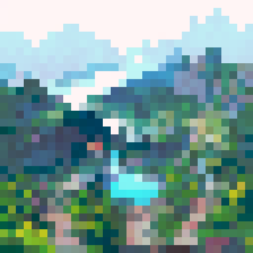 L-shaped lake with muted pixel art depicting a survival landscape in a landscape style