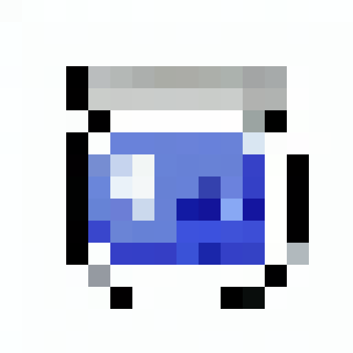 "Create a whimsical close-up portrait of a charming, smiling magic blueberry jam jar character with one big white left eye, a sliver lid, and shiny glass jar - rendered in a playful pixel art style with a vibrant, crisp, simple color palette and clean vector shading that would make for a perfect game icon."
