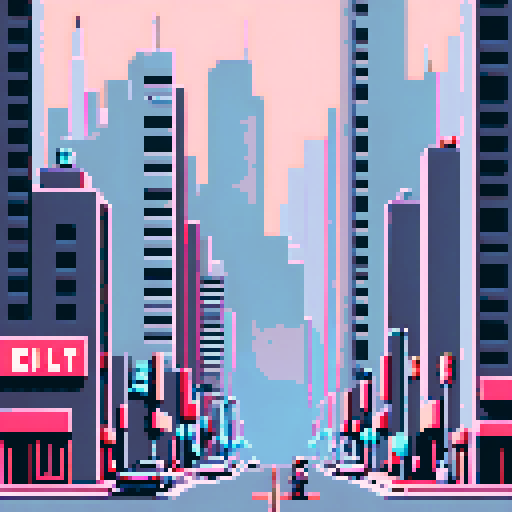 Cityscape, towering skyscrapers, bustling streets, retro video game vibes, blocky pixelated buildings, grey palette, 8-bit art style,ARNE32 palette