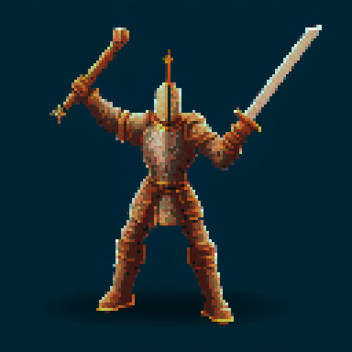 pixel art picture of a human male knight with a two-handed great sword, detailed shading, and smooth lines, heavy armor, confident stance, muscular build, armored helmet, deep red and gold armor, detailed sword, detailed shading, smooth lines, running, swinging sword