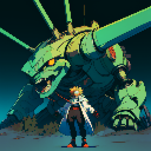 fat mad scientist, facing left, full-body image, exaggerated features, pixelated details, giant robot, mechanical limbs, robot workshop backdrop, sRGB color palette