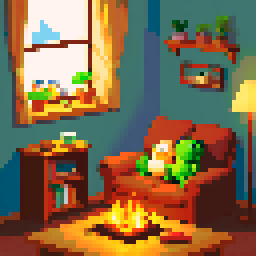 Cozy living room, crackling fireplace, warm glow, comfortable sofa, cute little frog, tiny feet dangling, content expression, small coffee table, steaming cup of coffee, aroma wafting, frog holding coffee, pixel art, cute, masterpiece, kawaii, sRGB