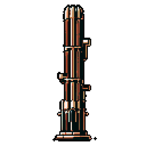 I want a tall vertical copper structure reminiscent of a organ pipe. It should have strange mechanical details that could interlock with each other. I also want this object usable an asset in a videogame, meaning only one object per image, outlined with a strong black stroke, on a solid-color background.