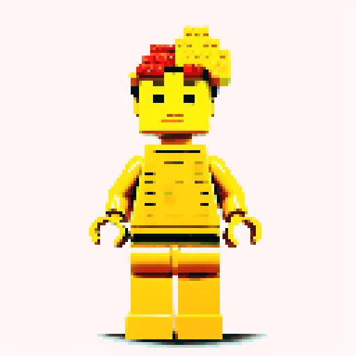 lego pixel, vibrant colors, blocky shapes, small plastic bricks, isometric perspective, retro video game, low resolution, 8-bit graphics, sharp edges, square grid, limited color palette, nostalgic feel, brick-built characters, iconic lego logo, digital recreation, detailed textures, crisp lines, simplified forms, nostalgic gaming vibes gold color body 