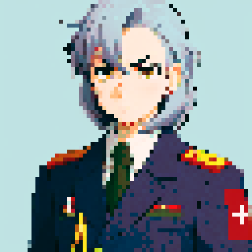 minister of defense, serious expression, graying hair, piercing eyes, close-up, confident stance, anime style, pixel art, military uniform, front view