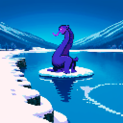 Large purple smiling loch ness monster silhouette swimming, poking its head out of frozen lake, winter, monkey on top