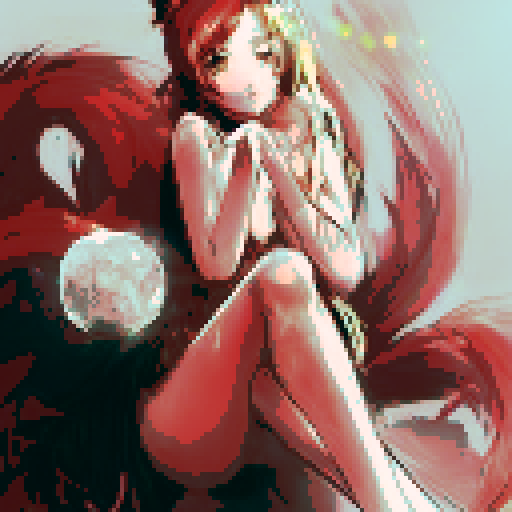 Kitsune with nine tails, each adorned with gold bells, perched atop a blooming sakura tree surrounded by swirling pink petals, all rendered in vibrant anime style