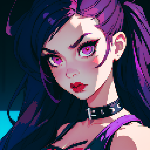 Plus size busty goth girl, with long purple hair, eyeliner, red lipstick. wearing a halter top and spiked collar. Posing for a up close face portrait. vibrant sRGB colors, pixel art, edgy aesthetic