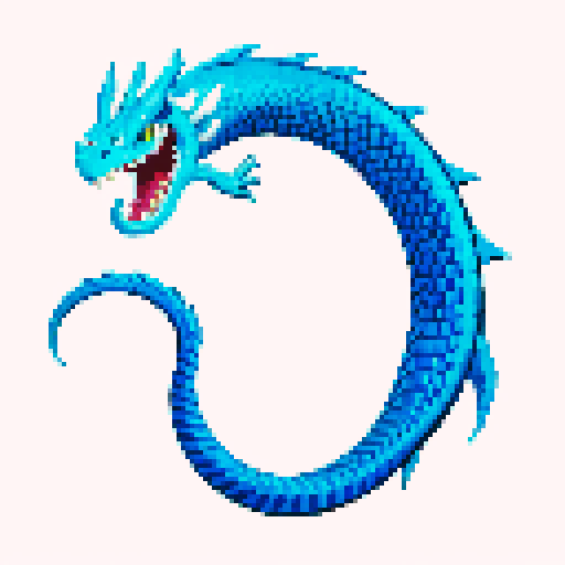 Basilisk with sharp scales, piercing blue eyes, and a coiled tail, depicted in vibrant light blue and white hues, capturing the essence of pixel art and sRGB color scheme