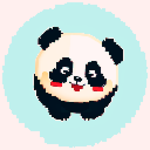headshot of happy panda with round, adorable eyes, rosy cheeks, and a big smile, in a pixelated art style with vibrant, sRGB colors