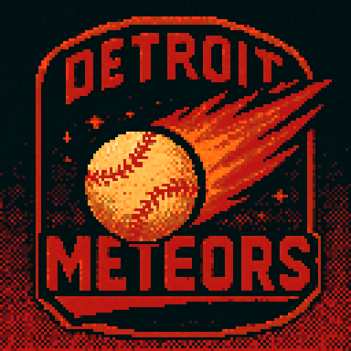 Pixel art of a fictional baseball team called the Detroit Meteors. red, orange, and black, sharp outlines, and soft pixel shading. The logo design mimics 80s MLB logos. Use a vibrant Sega Genesis 16-bit style with selective dithering, geometric forms, and nostalgic retro charm. Avoid modern gradients—keep it pure pixel art.
