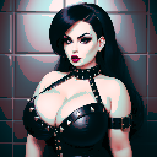 curvy, busty goth babe with studded collar, wearing halter top, in a full face portrait with a glamour shot aesthetic, against a  moody tile backsplash, capturing an edgy pixel art style in sRGB