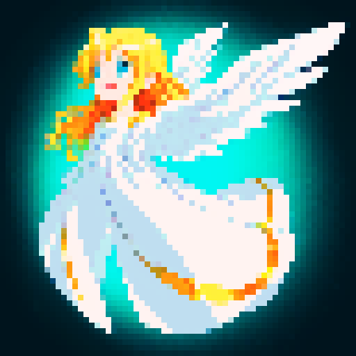 
Beautiful, ethereal angel with shimmering wings and flowing, liquid-like chrome body, rendered in minimalist pixel art with vibrant, dazzling sRGB colors. Large anime eyes. Visible nose