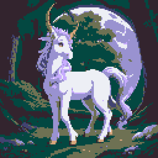 mystic druid wild woman mythological unicorn in a faun body shape, animal-human hybrid, playful demeanor, forest guardian, full body, bathed in moonlight, clear detail
