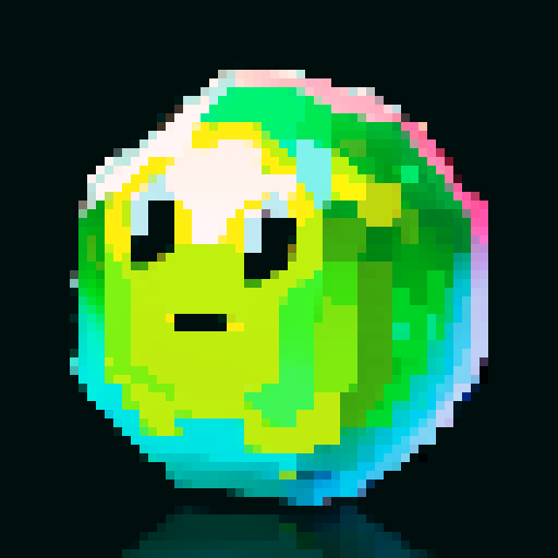 A sparkling, semi-transparent slime with a crystalline structure. It has shimmering facets, bright eyes, and a cheerful smile, with light reflecting inside. No background.
