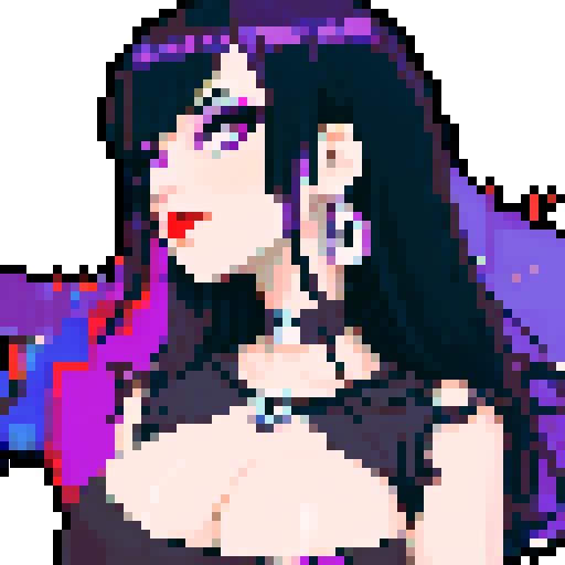 curvy, cute goth girl with black hair, purple eyeshadow, and red lipstick, in a pixel art glamour shot, with vibrant sRGB colors