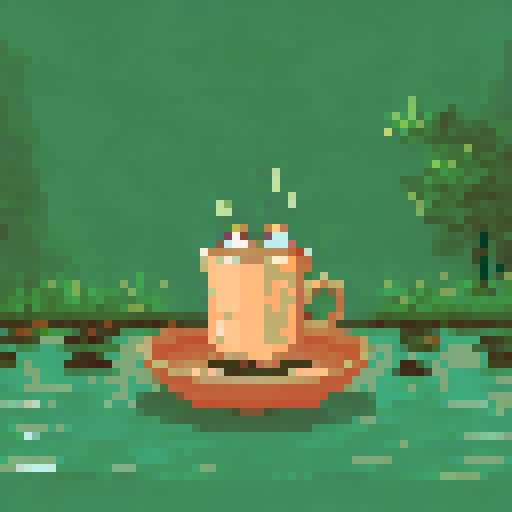 In the cozy ambiance of a dimly lit room, a small, jovial frog perches comfortably upon a plush couch chair, its diminutive size emphasized by the vastness of the furniture. The flickering flames of a nearby fireplace cast a warm glow, enveloping the space in a soft, golden light, creating an atmosphere of comfort and relaxation. With a mug clasped delicately between its tiny webbed fingers, the contented frog takes a sip of steaming coffee, its expression reflecting pure bliss, CUTE, KAWAII ART