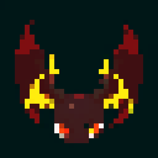 small, demonic creature, tiny horns, bat-like wings, dark red skin, glowing yellow eyes, mischievous grin, long, pointed tail, pixel art, sRGB