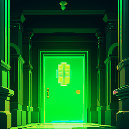 close-up shot, many doors showing, passageway, diffuse light at end, sRGB, pixel art