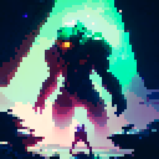 A towering, metallic quarterback with glowing green eyes, surrounded by pixelated, neon-colored NFL players on a futuristic, gridiron battlefield