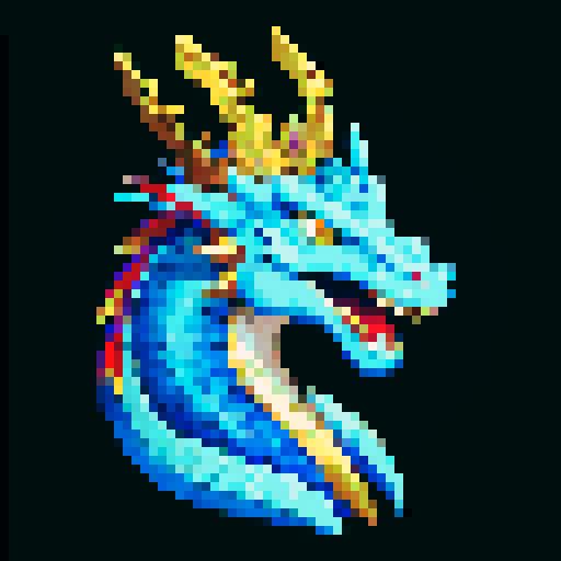 dragon, regal, crown, majestic, blue silver accents, intricate embroidery, game icon, 32x32 pixel art, sRGB, skill art, close up, portrait