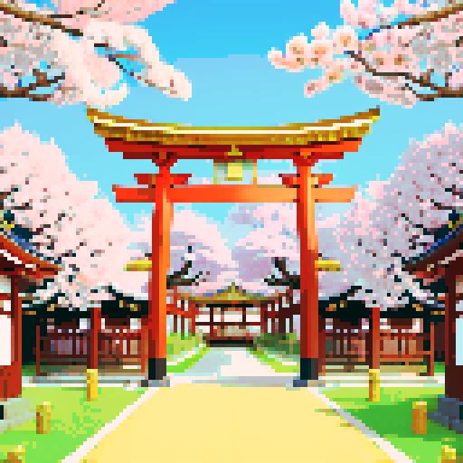 Golden shinto shrine, vibrant cherry blossom trees, traditional architecture with intricate details, shinto torii gate adorned with golden decorations, a pixel art golden cuboid positioned behind the gate, golden lanterns illuminating the scene in sRGB colors