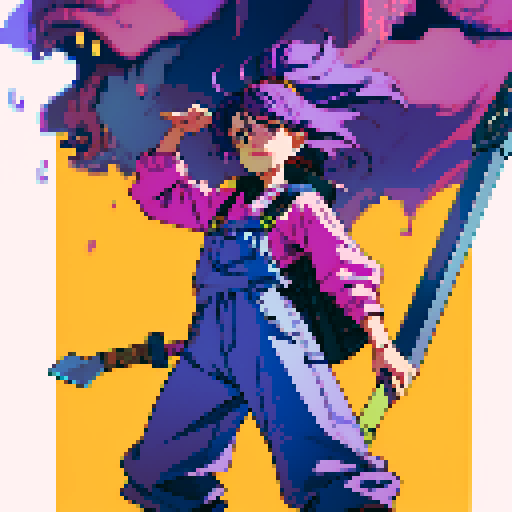 nerdy character, purple-haired, overalls-wearing, small hammer-wielding, jrpg-style, sRGB, pixel art