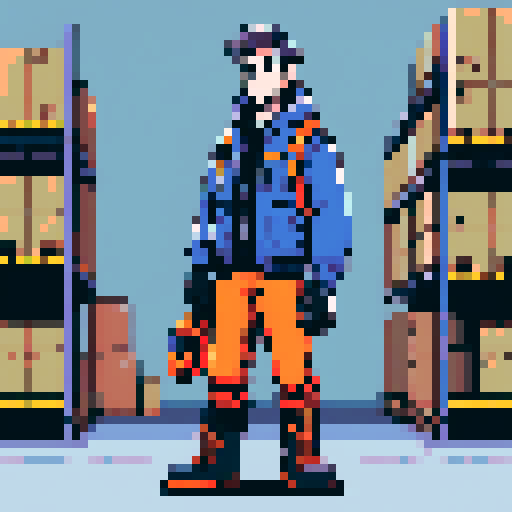 A warehouse worker for Amazon Germany, wearing jacket, gloves and safety boots