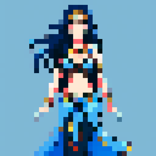 Beautiful cartoon wearing a blue belly dancer outfit and she has long black hair 