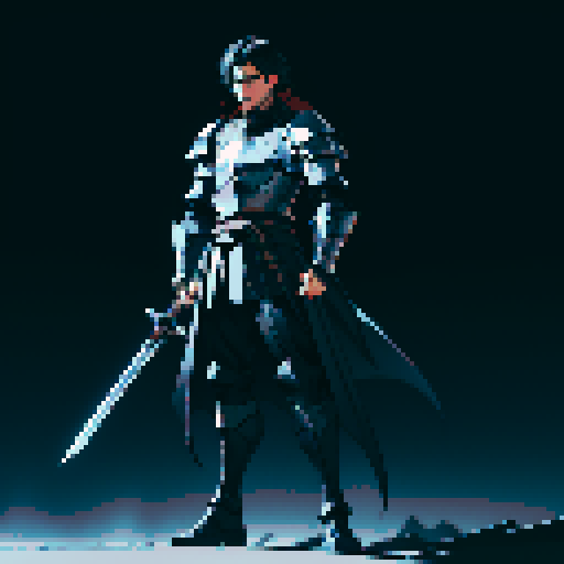 full-body image, male knight, black armor, giant sword, long black hair, sexy, dark knight
