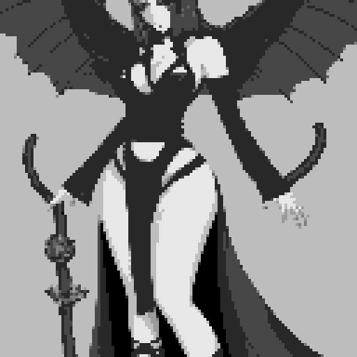 busty succubus, skin tight lace, deep v-neck crop top, intricate druidic staff, pixel art, sRGB
