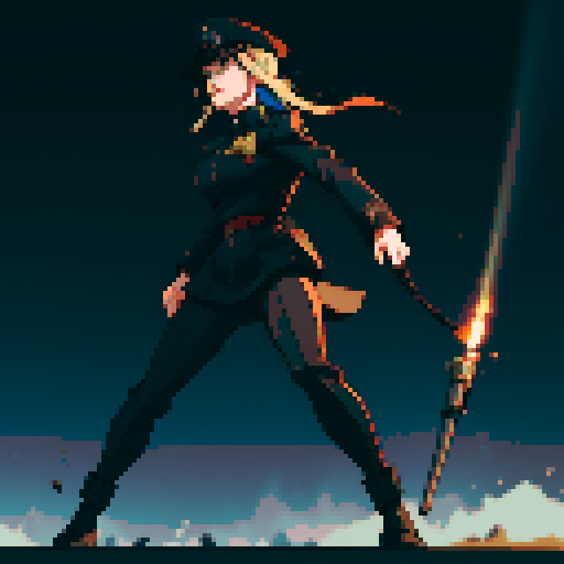 full-body image, military general woman, black uniform, black hat, evil, facing left, ready to fight, war background, battlefield, warfare