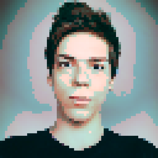 Pixel art portrait profile picture, cartoony, retro, blue eyes