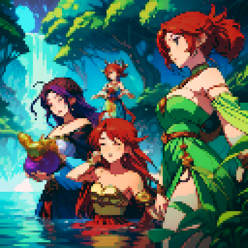 Four goddesses creating the world. One goddess is a deity of fire with red hair. One goddess is a deity of water with blue hair. One goddess is a deity of nature with green hair. One goddess is a deity of stars and night with purple hair.