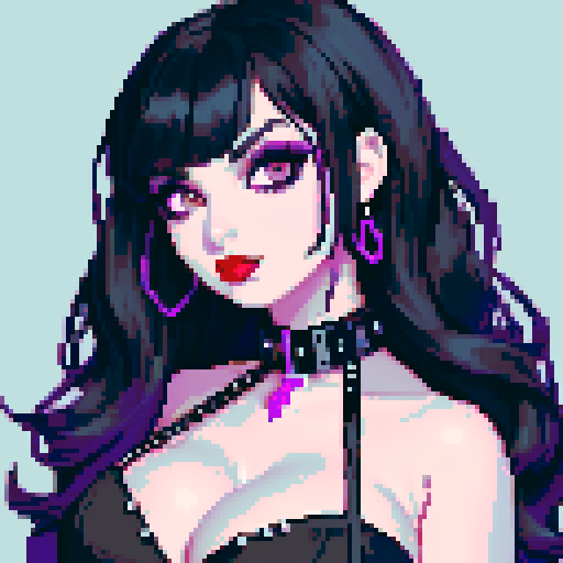 curvy, cute busty goth woman's face, whole head portrait, black hair, purple eyeshadow, red lipstick, low cut black halter top, studded collar, vibrant sRGB colors, pixel art, edgy aesthetic.