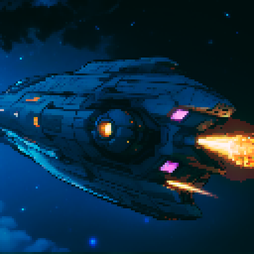 spaceship with sleek metallic exterior, glowing engine fires, starry backdrop, vibrant pixel art, sRGB colors