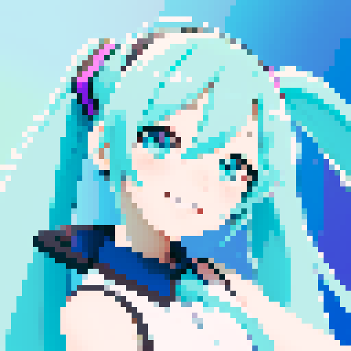 Hatsune Miku, square pfp, 64x64, smiling, pixel art, sRGB, vibrant hair, sparkling eyes, cute outfit, dynamic pose, glowing microphone