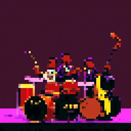 jazz musicians playing instruments, drums, double bass, in a dim bar, black, purple, brown, gold, pixel art style, sRGB